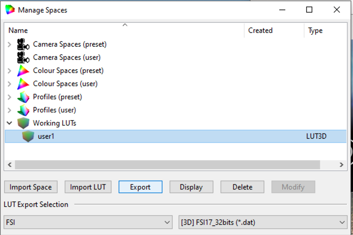 ColourSpace LUT export configuration