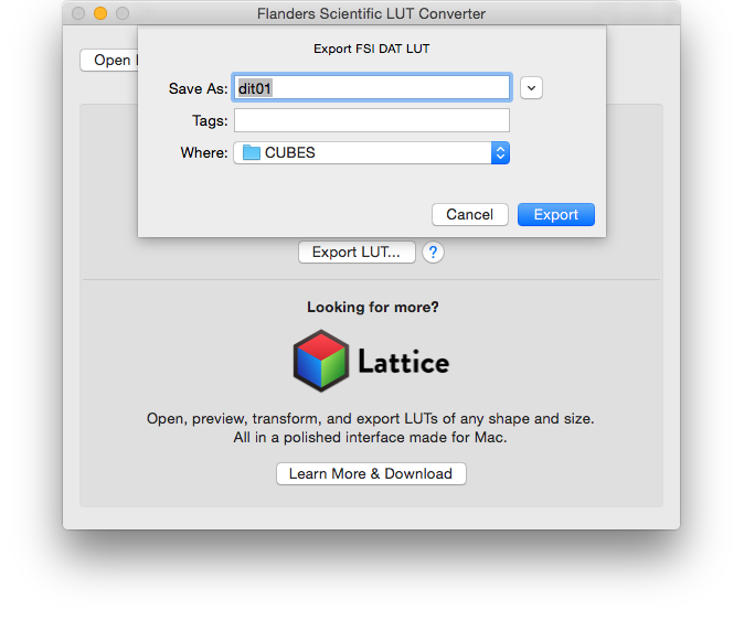 Saving the LUT in .dat format