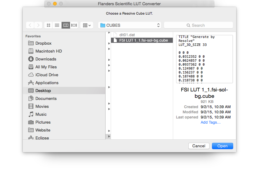 Opening a .cube file in FSI LUT Converter